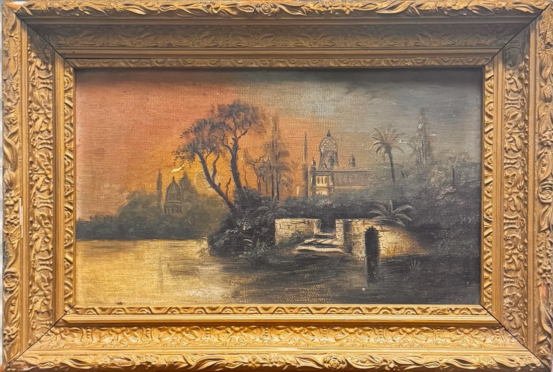 Antique Orientalist Oil Painting – Sunset Landscape with Mosque & Figures, Gilt Frame (1 of 8)