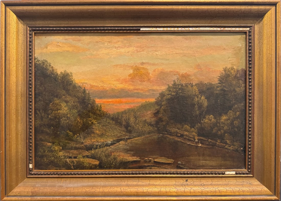 Antique 19th-Century Sunset Landscape Oil Painting – River & Forest Scene, Gilt Frame - Signed (1 of 10)