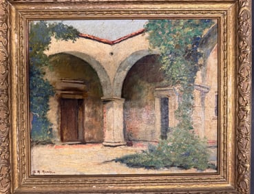 B.A. Henke Courtyard Oil Painting – Mission-Style Archway & Vines, Antique Gilt Frame