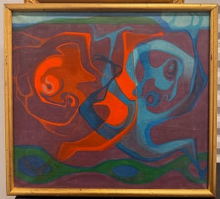 Vintage Abstract Modernist Oil Painting – Vibrant Red & Blue Surreal Forms, Mid-Century