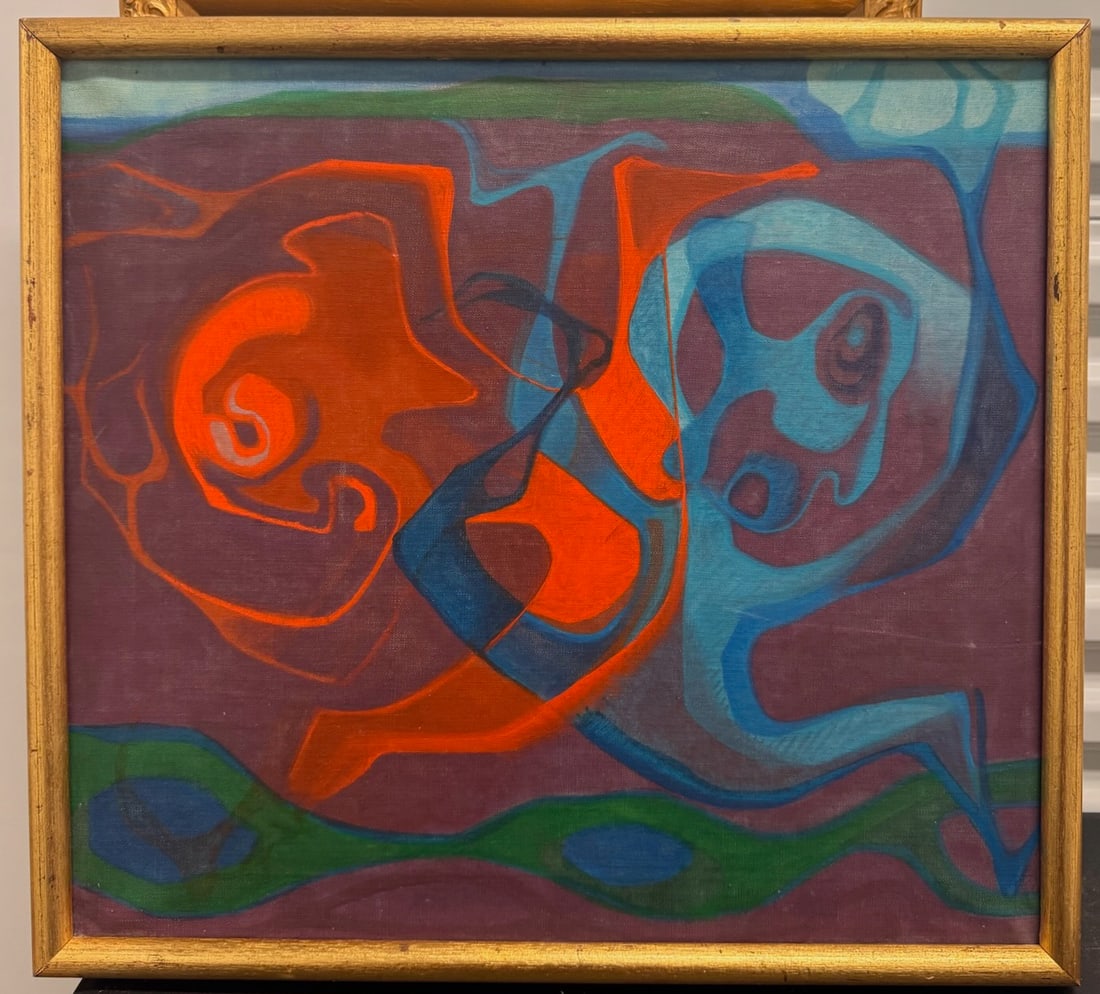 Vintage Abstract Modernist Oil Painting – Vibrant Red & Blue Surreal Forms, Mid-Century (1 of 5)