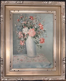 Cesare A. Ricciardi Vintage Floral Still Life Oil Painting in Silver Frame –Pink & White Flowers