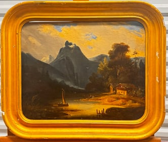 Antique 19th C. Mountain Lake Landscape Oil Painting in Large Gilt Frame – Cabin & Sailboat