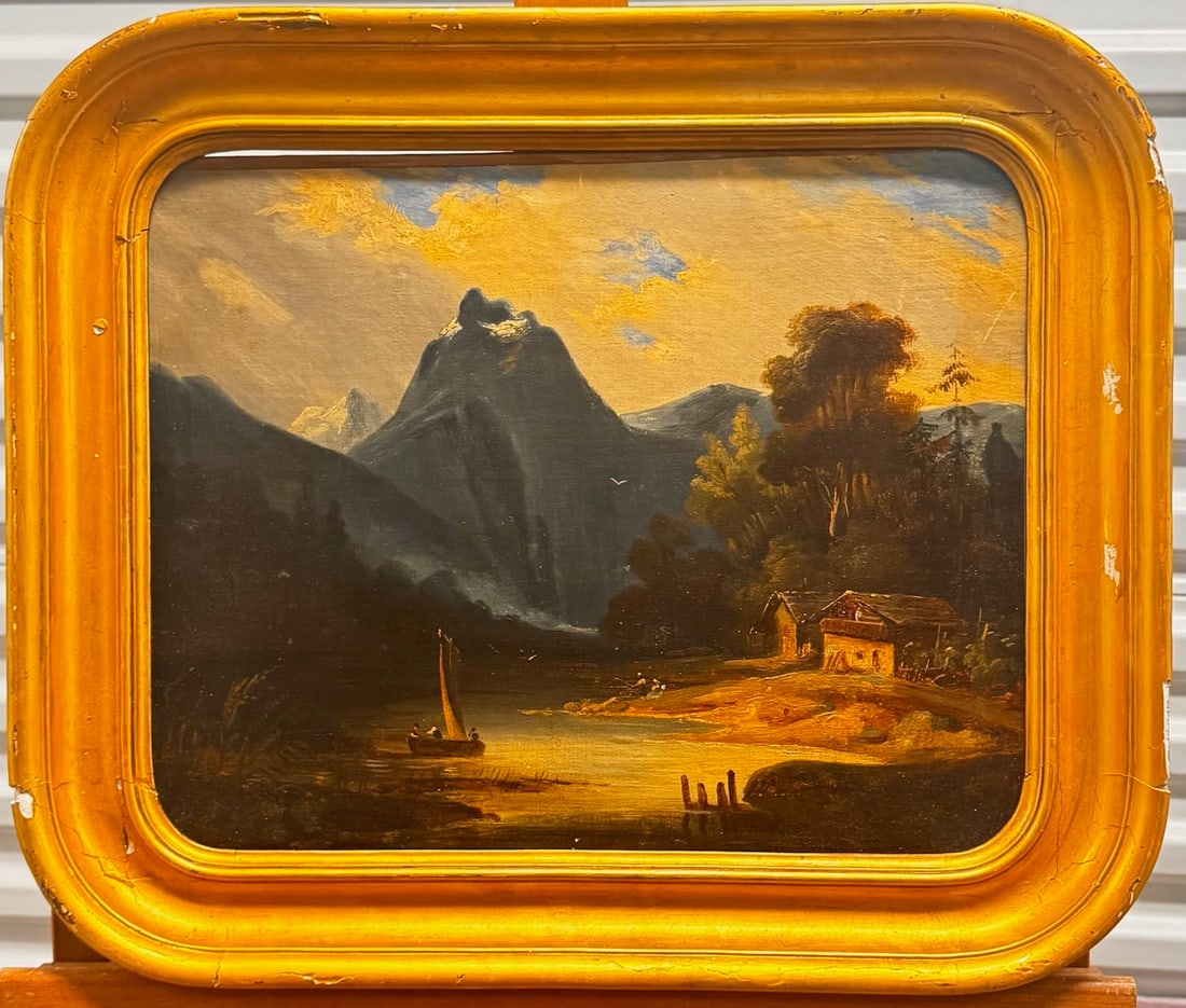 Antique 19th C. Mountain Lake Alpine Landscape Oil Painting Mystery WOW! (1 of 8)