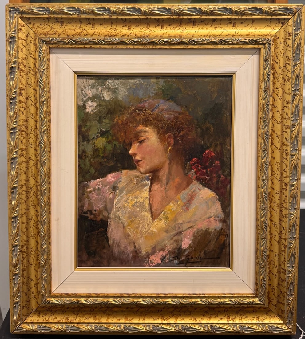 Impressionist Portrait of a Woman – Vintage Oil Painting in Ornate Gilt Frame, Signed: This elegant vintage impressionist oil painting depicts a contemplative young woman in a soft, atmospheric garden setting. Rendered with expressive brushwork and warm, glowing tones, the artist captur
