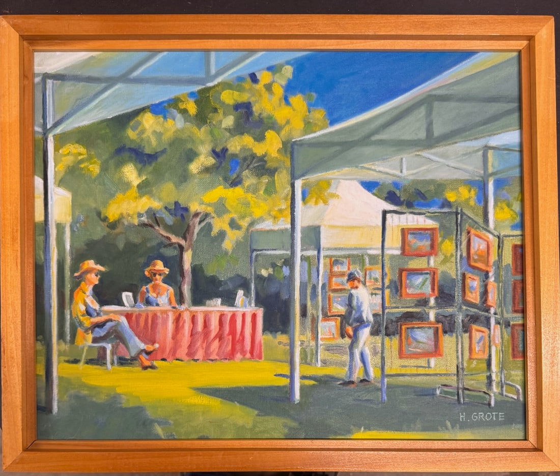 H. Grote Original Oil Painting – Outdoor Art Fair Scene, Impressionist Sunlit Market (1 of 8)