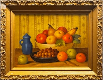 Vintage Signed Still Life Oil Painting – Fruit Bowl & Blue Pitcher in Ornate Frame