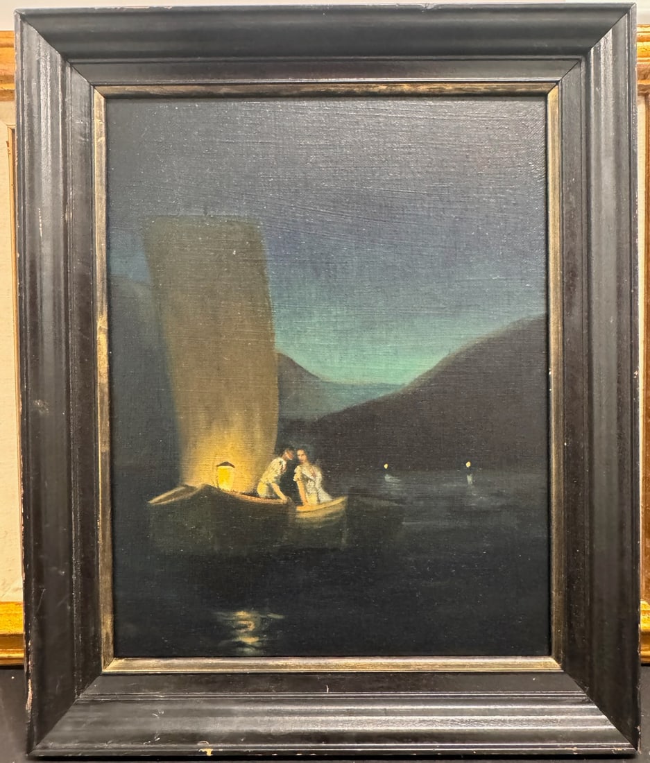Vintage Impressionist Nocturne Oil Painting: This evocative vintage oil painting captures a quiet nighttime scene of two figures working from a small boat illuminated by a warm lantern glow. The surrounding water and distant hills are rendered i