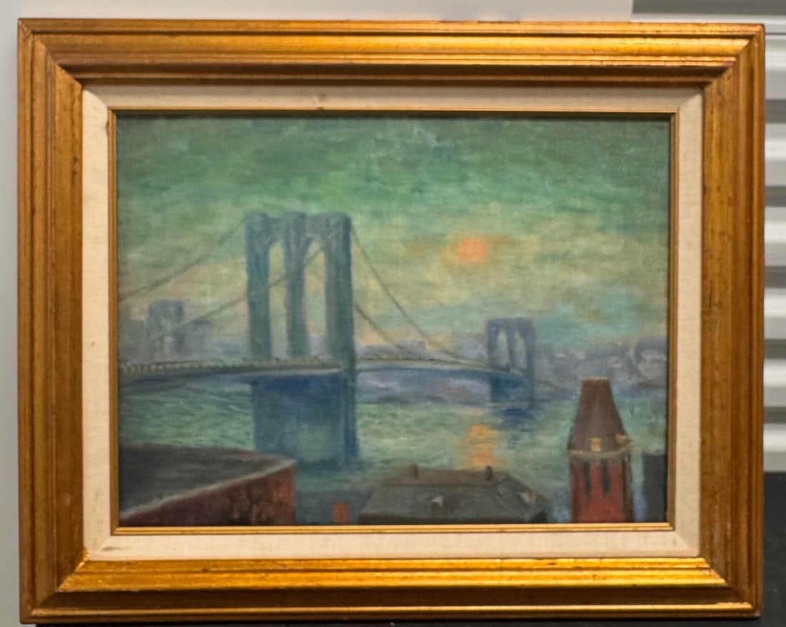 Vintage Impressionist Oil Painting of Brooklyn Bridge at Sunset – Framed Cityscape (1 of 4)