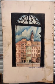Vintage Polish Watercolor & Ink Drawing – Warsaw Old Town View from Window – Signed Art