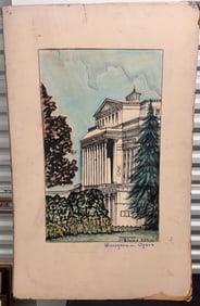 Vintage Warsaw Opera Watercolor & Ink Drawing – Polish Architectural Art – Signed