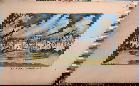 Vintage Warsaw Wilanów Palace Drawing – Watercolor & Ink Architecture – Signed