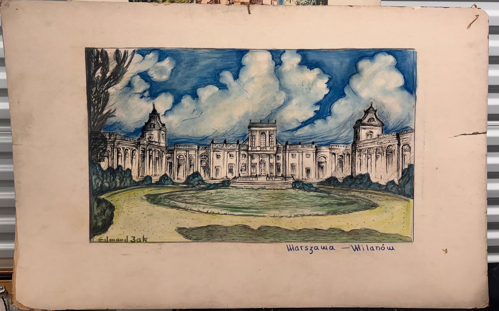 Vintage Warsaw Wilanów Palace Drawing – Watercolor & Ink Architecture – Signed (1 of 5)