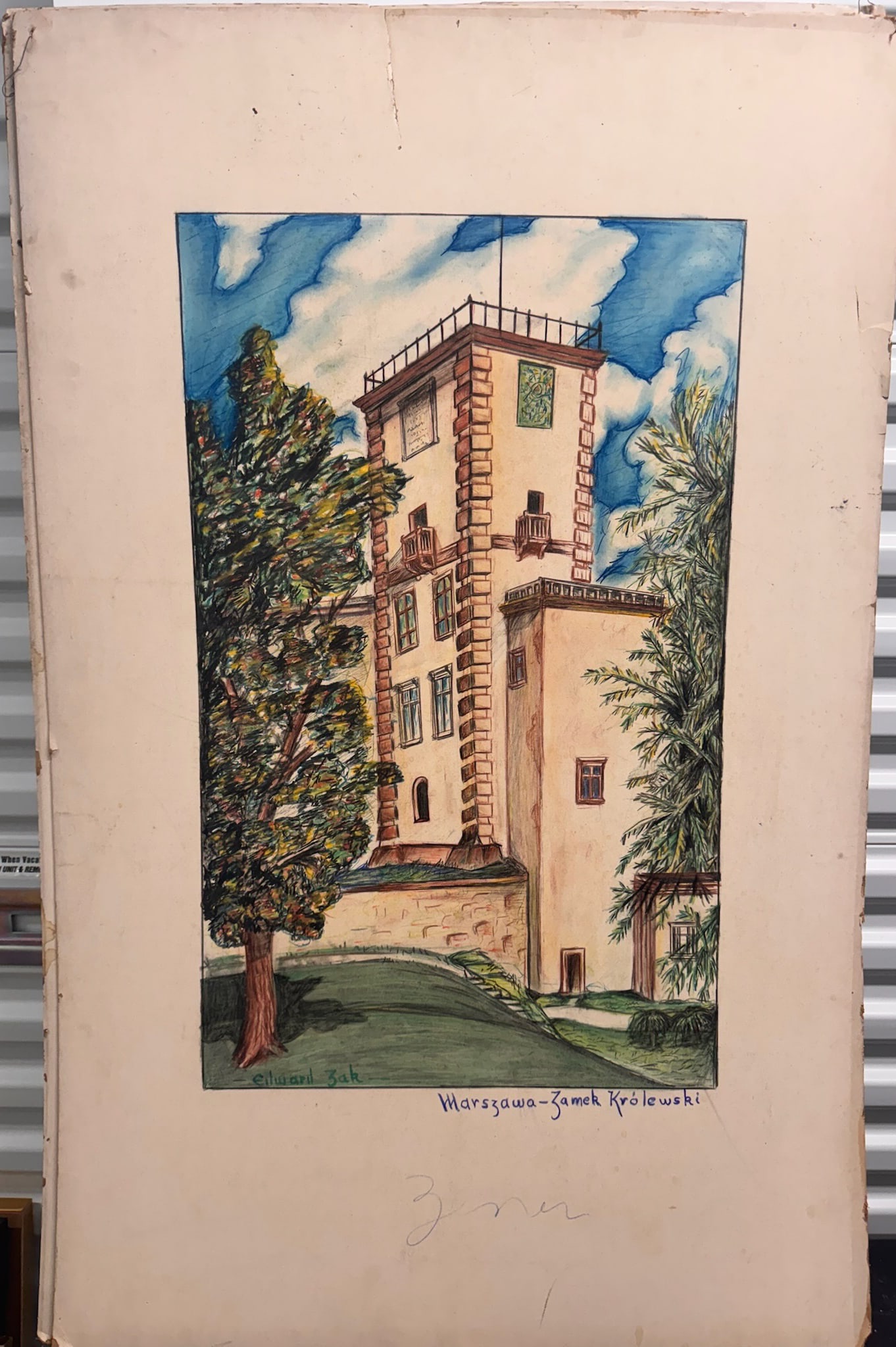 Vintage Warsaw Royal Castle Drawing – Watercolor & Ink – Signed Architectural Art (1 of 6)