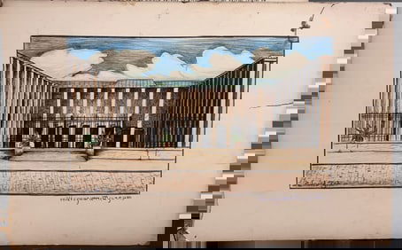 Vintage Warsaw Museum Drawing – Watercolor & Ink – Signed Architectural Illustration