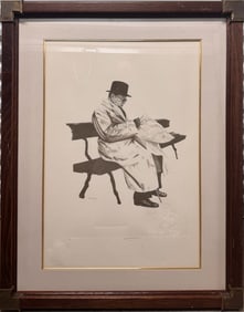 Winston Churchill at Park Bench Reading Newspaper- Lithograph by his daughter Sarah Churchill