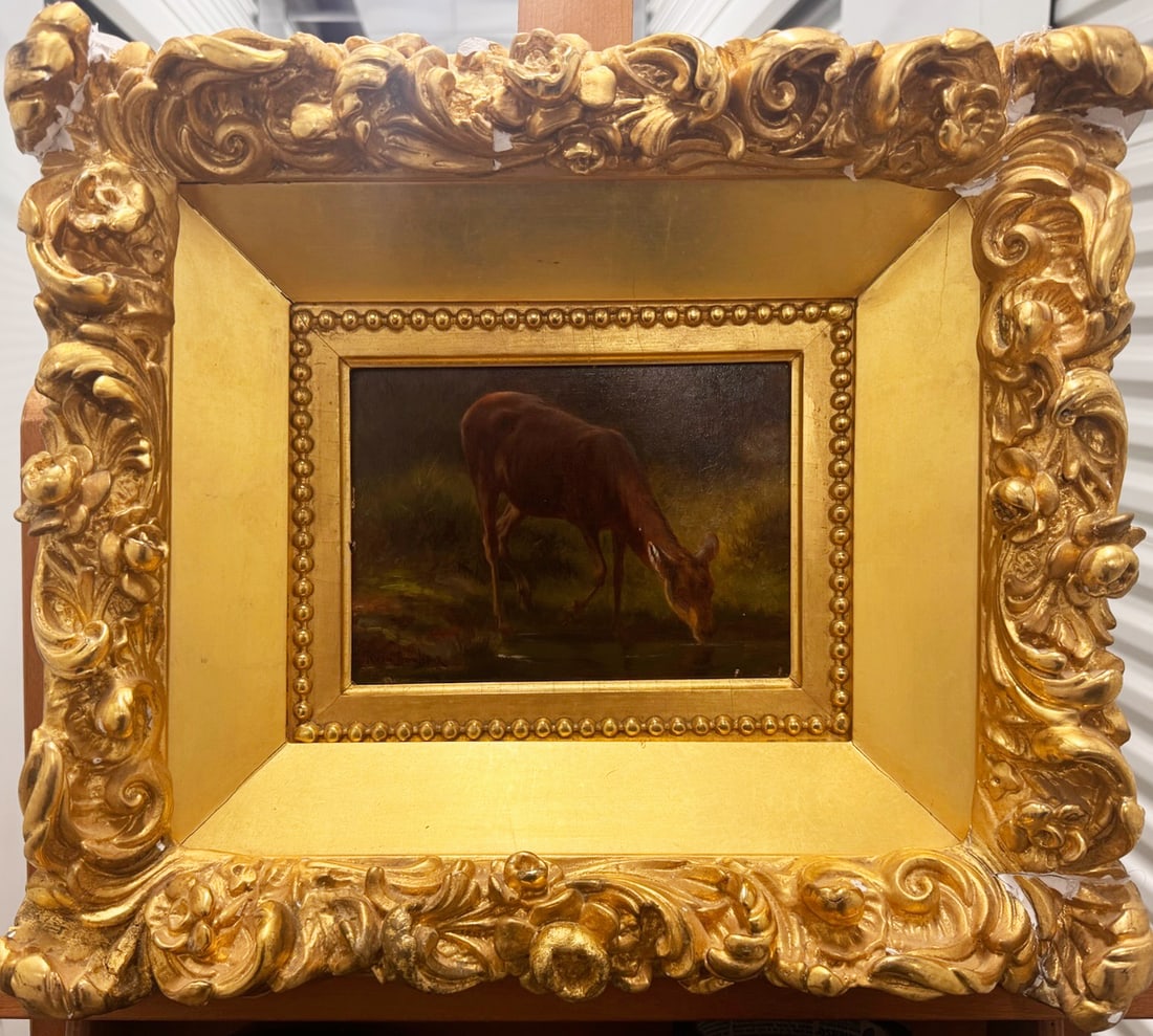 Antique Oil Painting of Grazing Deer in Ornate 19th-C. Gilt Rococo Frame (1 of 16)