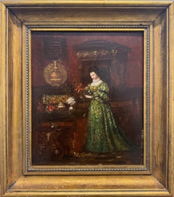 Antique Interior Genre Oil Painting of Noblewoman in Green Gown, 19th-C. Frame