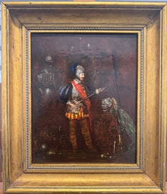 Antique Oil Painting of Armored Renaissance Soldier with Halberd, Gilt Frame