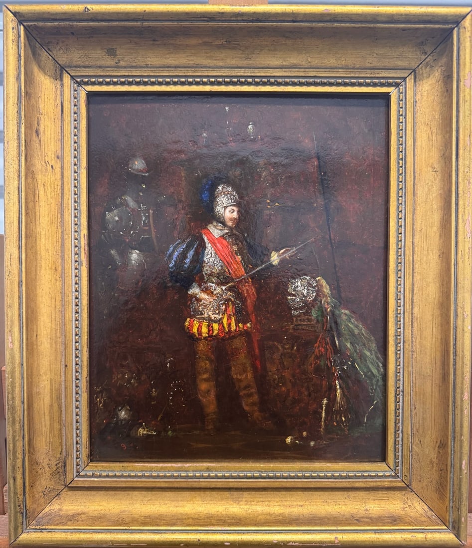 Antique Oil Painting of Armored Renaissance Soldier with Halberd, Gilt Frame (1 of 12)