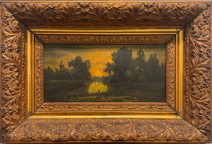 Antique 19th-Century Sunset River Landscape Oil Painting in Ornate Gilt Frame