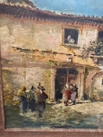 Antique European Village Scene Oil Painting – Figures & Architecture, 19th c. Style