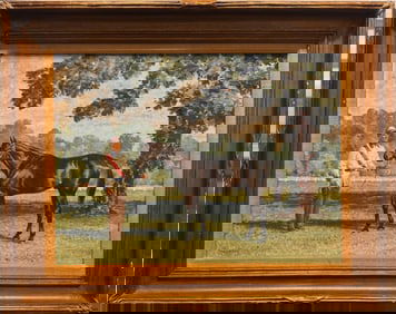Milton Talbot Menasco (1890 - 1974) Equestrian Oil Painting – Trainer with Thoroughbred Horse