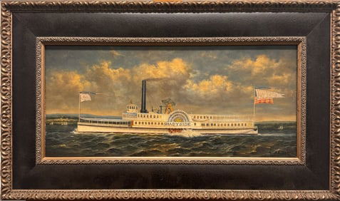 Antique Oil Painting of Steamboat Shady Side – 19th c. Maritime Americana