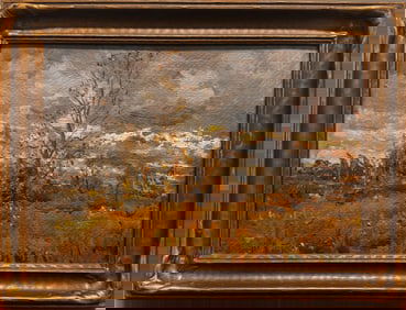 Moody Autumn Landscape Oil Painting – Expressive Impasto Sky & Fields, Antique Frame