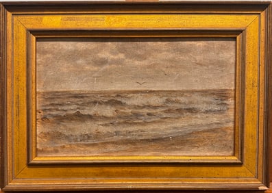 Antique Tonalist Seascape Oil Painting – Quiet Shoreline Waves, Signed, Warm Wood Frame