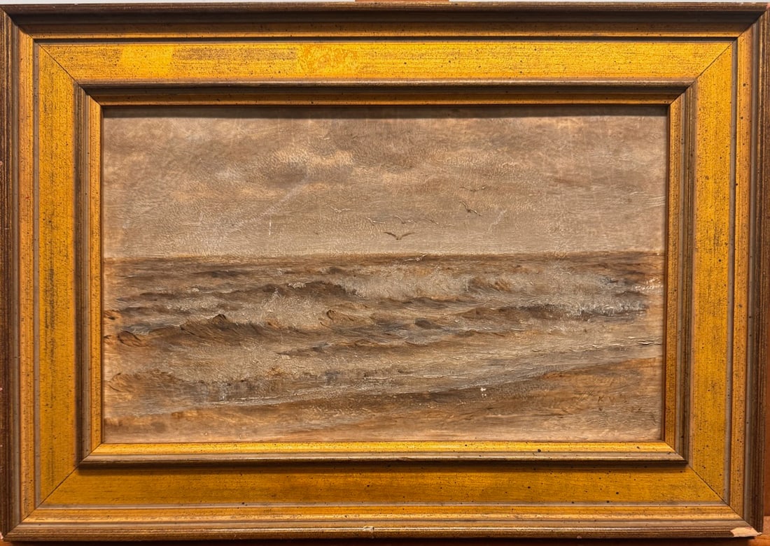 Antique Tonalist Seascape Oil Painting – Quiet Shoreline Waves, Signed, Warm Wood Frame (1 of 6)