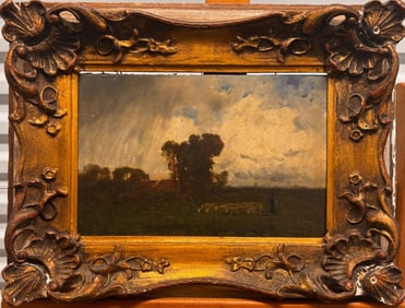 Antique Pastoral Landscape Oil Painting – Shepherd & Flock at Dusk, Ornate Gilt Frame