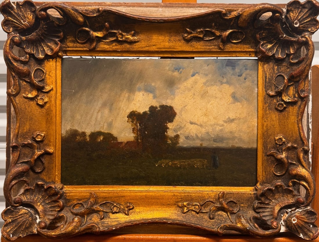 Antique Pastoral Landscape Oil Painting – Shepherd & Flock at Dusk, Ornate Gilt Frame (1 of 7)