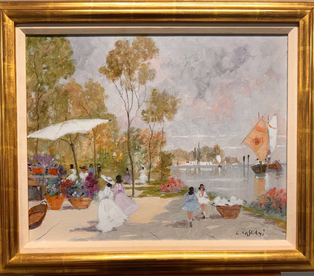 Luigi Cagliani Italian Impressionist Riverside Stroll Oil Painting Figures & Sailboats Signed: Luigi Cagliani (1910 - 1987) was active/lived in Italy. Luigi Cagliani is known for Painting.Luigi Cagliani was an Italian Impressionist who worked in the first half of the 20th century. Italian sourc