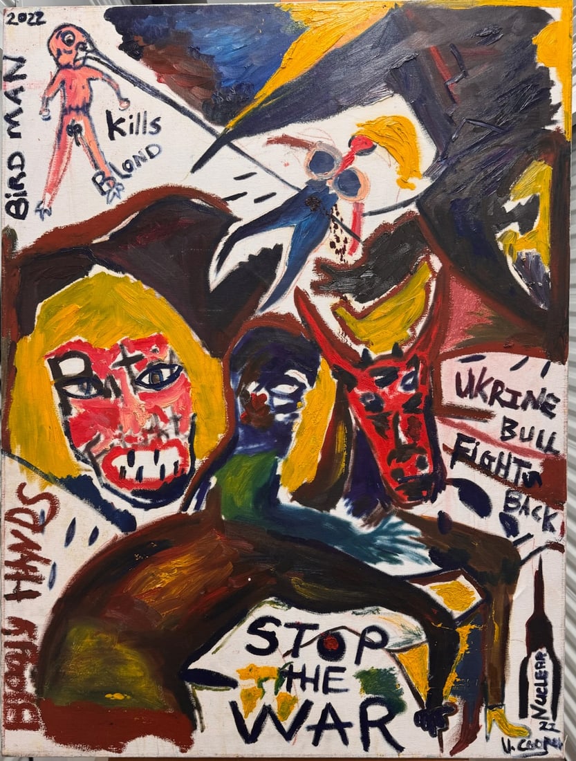Urbie Cooper African American New York Urban Expressionist Artist Signed Oil Painting 2: This striking 2022 contemporary expressionist painting delivers a raw, emotionally charged commentary on conflict and human struggle. Executed in a vigorous, gestural style, the composition combines t
