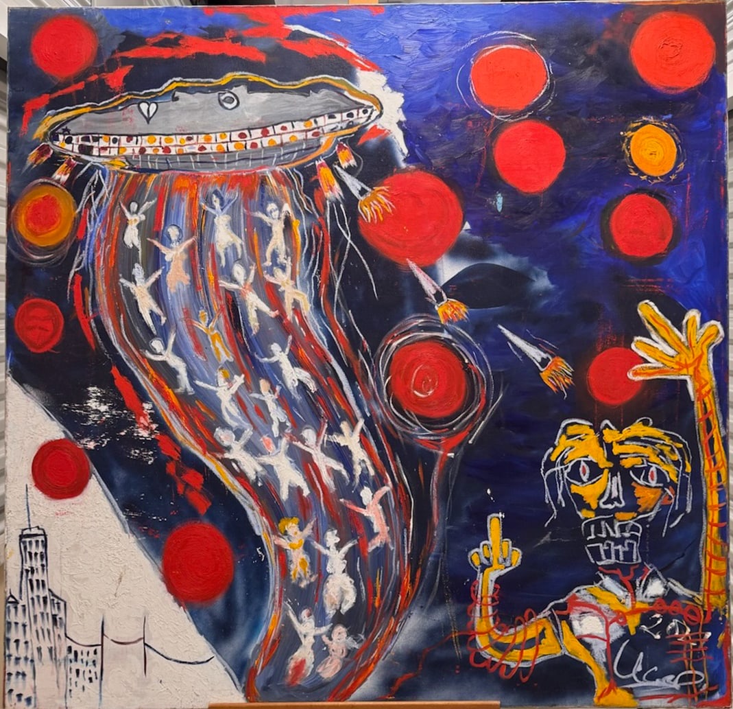Large Neo-Expressionist UFO Abduction Painting – Bold Outsider Art Alien Scene (1 of 5)