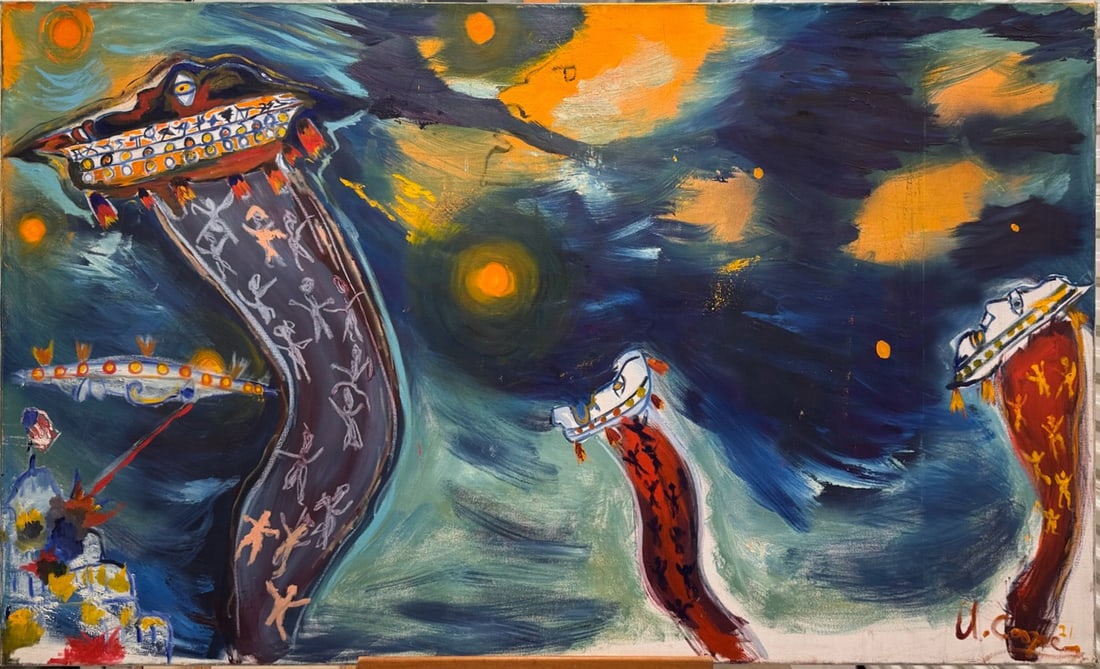 Large UFO Abduction Scene – Neo-Expressionist Outsider Art by U. (2021) (1 of 4)