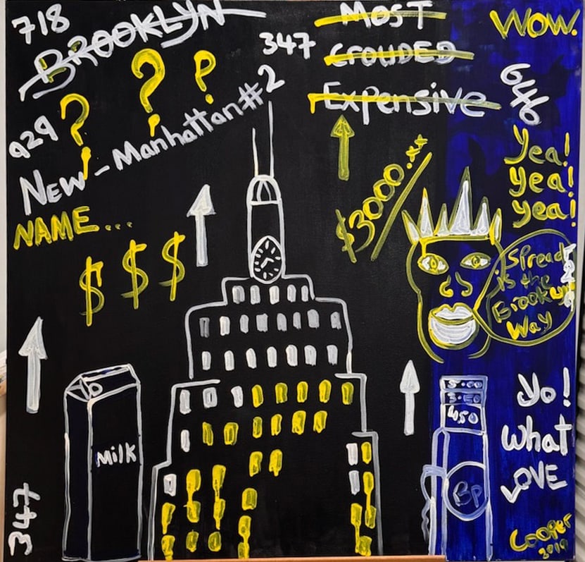 Urbie Cooper African American New York Urban Expressionist Artist Signed Oil Painting 6: A bold and energetic urban pop art painting celebrating—and critiquing—the rapid transformation of Brooklyn. Created in 2020 and signed Cooper, this large, graffiti-inspired canvas blends street-s