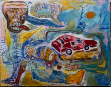 Surreal Red Car & Figure Composition – Bold Contemporary Outsider Expressionism by U. Cooper