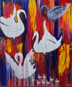 Graceful Swans with Chicks – Expressive Modern Abstract Painting on Bold Color Fields by U. Cooper