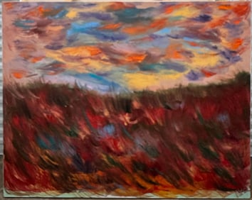 Fiery Field at Sunset – Vibrant Impressionist Landscape with Dramatic Sky by U. Cooper