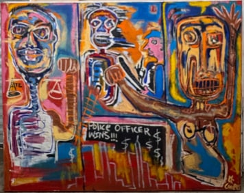 Bold Social Commentary Scene – Raw Outsider Expressionist Triptych by Contemporary Artist U.
