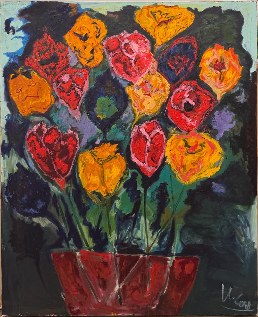 Urbie Cooper African American New York Urban Expressionist Artist Signed Oil Painting 19: This stunning floral still life by U. Cooper bursts with expressive color, movement, and richly layered texture. Painted in thick, sculptural strokes, the bouquet features bold red and golden-yellow b