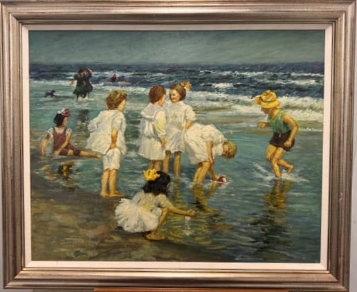 Vintage Charming Seaside Children Scene Beautiful Impressionist Beach Painting (1 of 4)