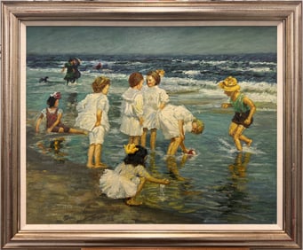 Charming Seaside Children Scene – Beautiful Impressionist Beach Painting in Ornate Frame