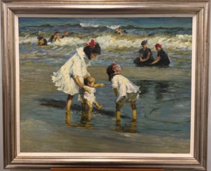 Vintage American Impressionist Beach Scene Framed Seascape Painting (1 of 5)