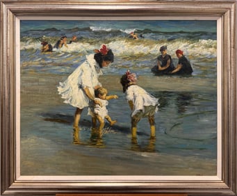 Vintage American Impressionist Beach Scene Framed Seascape Painting