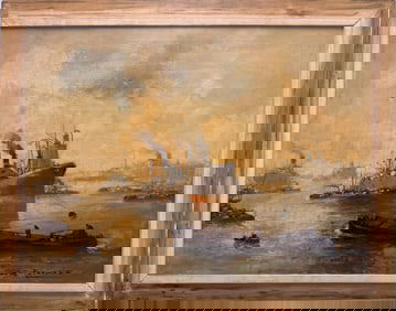 Golden-Era Harbor Scene – Classic Marine Oil with Steamships, Signed & Framed