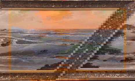 Vintage South France Blazing Summer Sunset Seascape Crashwing Waves Signed Oil Painting