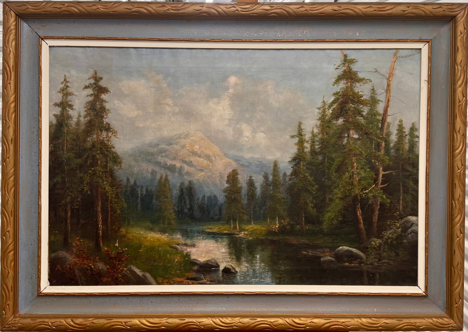 Large Antique American Pacific Northwest Impressionist Oil Painting: This original landscape painting is a classic example of Pacific Northwest Impressionism, likely dating from the early-to-mid 20th century. It features a serene, atmospheric mountain scene with a slow